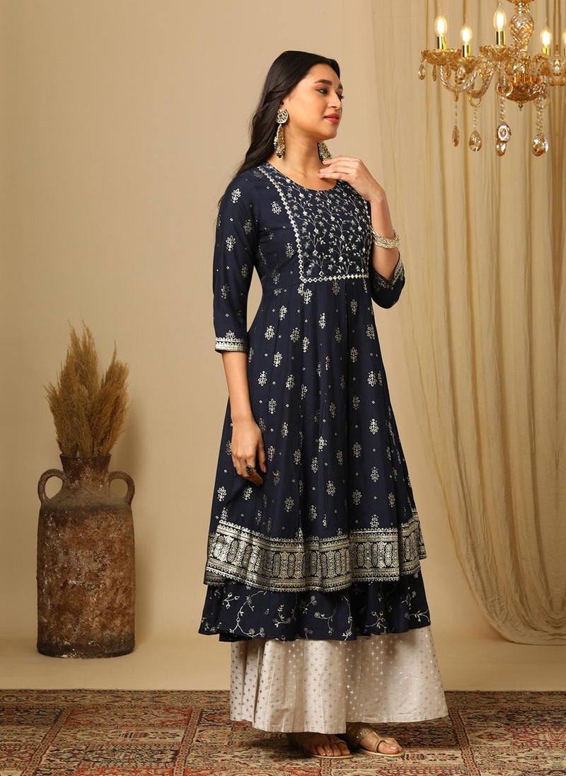 Globus Women Ethnic Motifs Printed Flared Sleeves Block Print Anarkali Festive Kurta - Image 3
